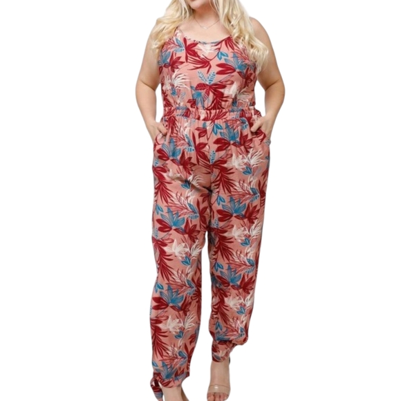 Floral Smocked Detail with Ruffle Jumpsuit - Pink - Picture 2 of 4